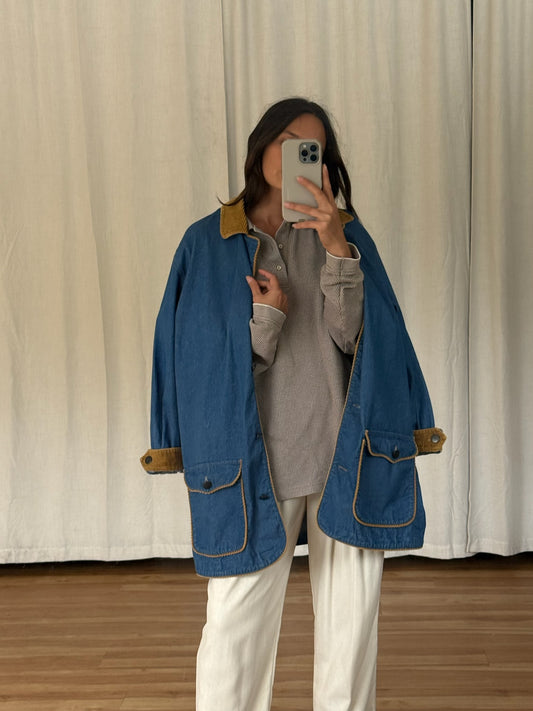 Vintage Corduroy-Accent Denim Chore Coat