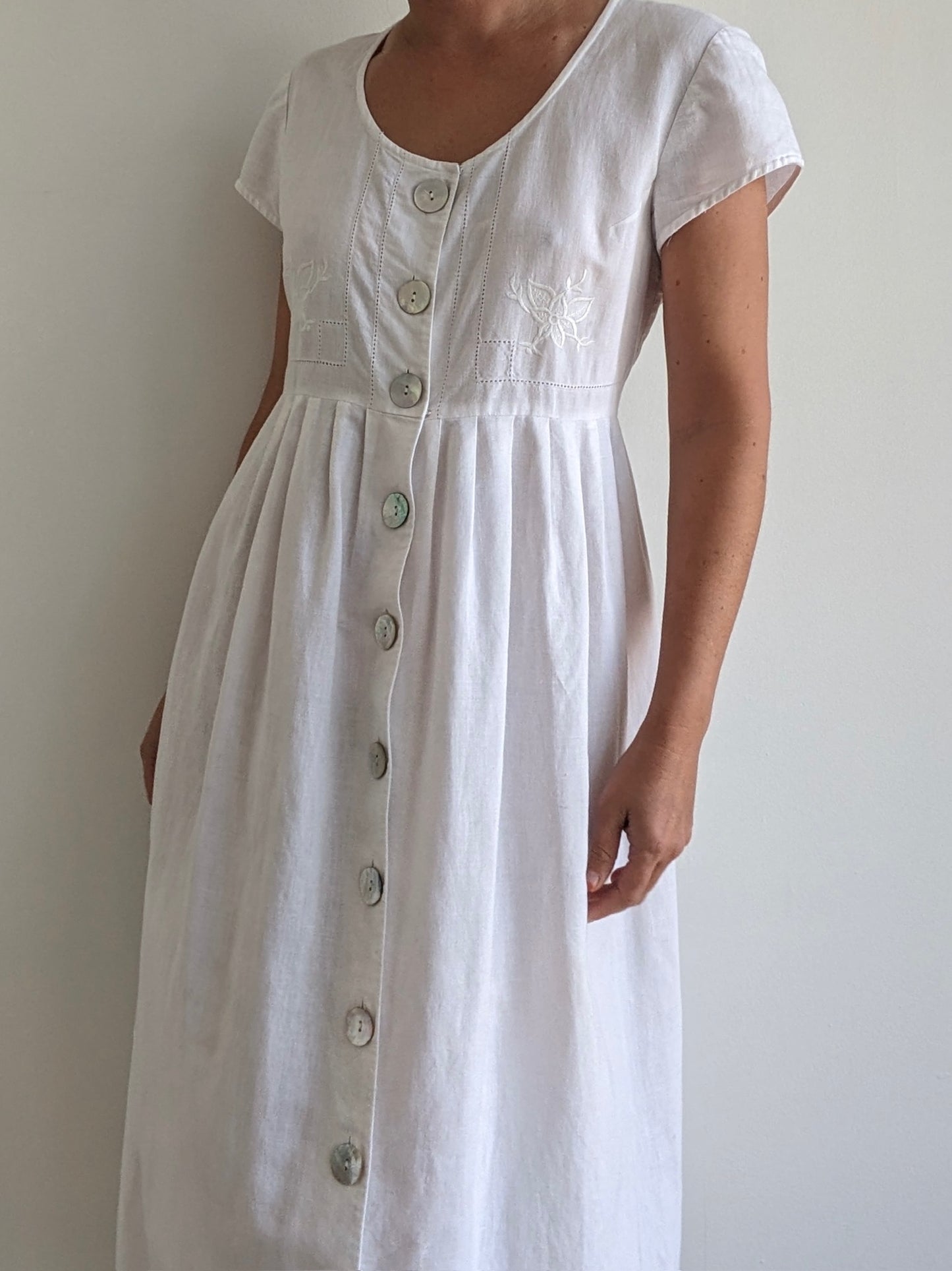 Vintage Ivory Embroidered & Pleated Dress