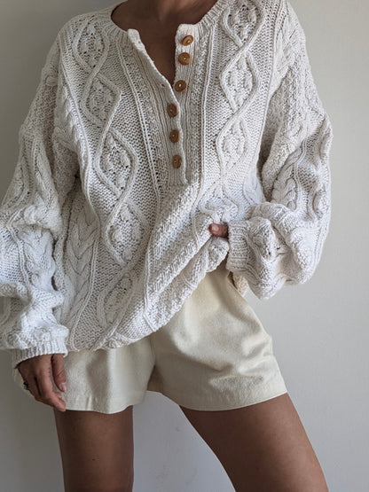 Vintage Hand-Knit Patterned Weave Henley