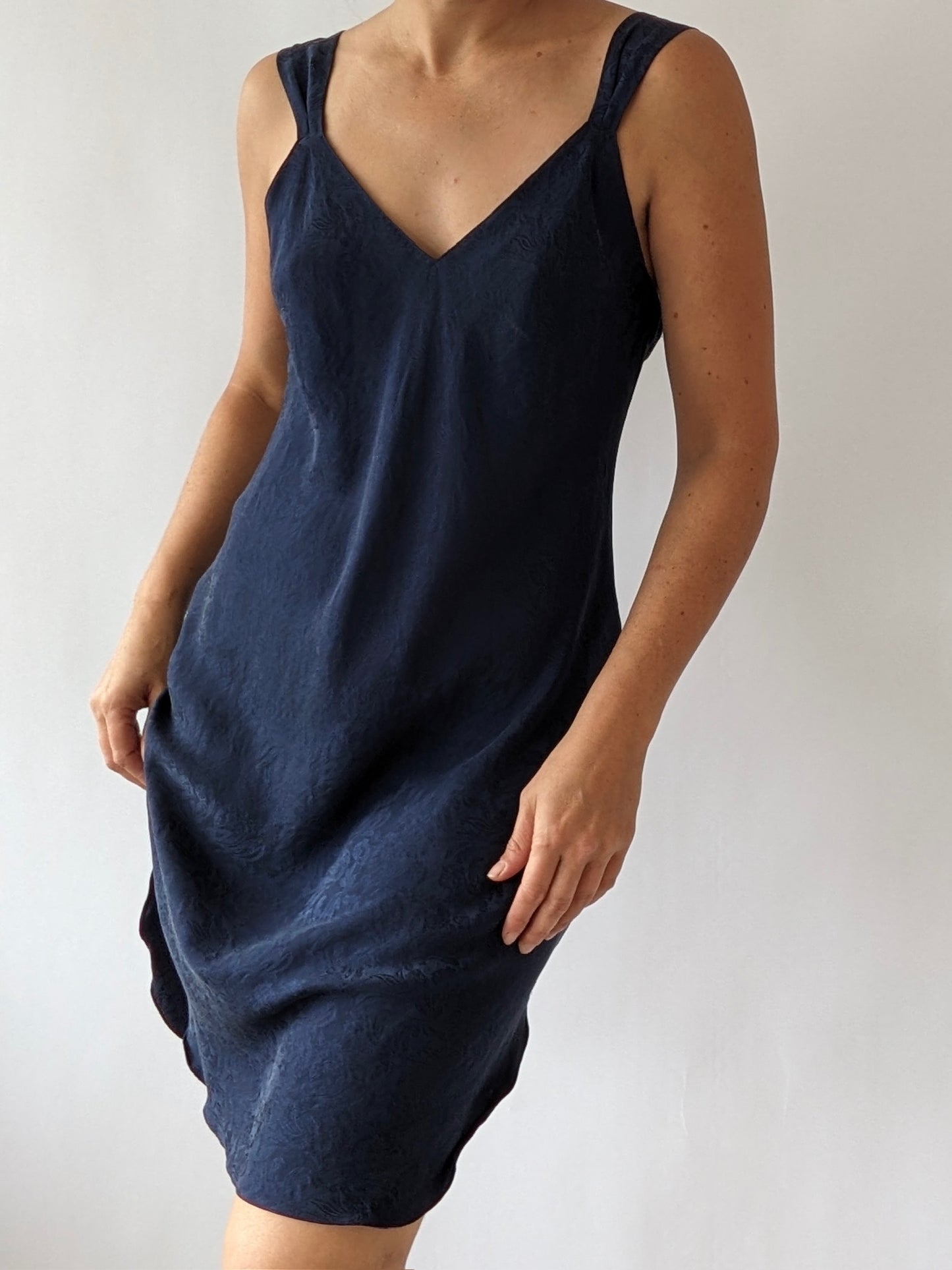 Vintage Navy Floral Silk Slip Dress