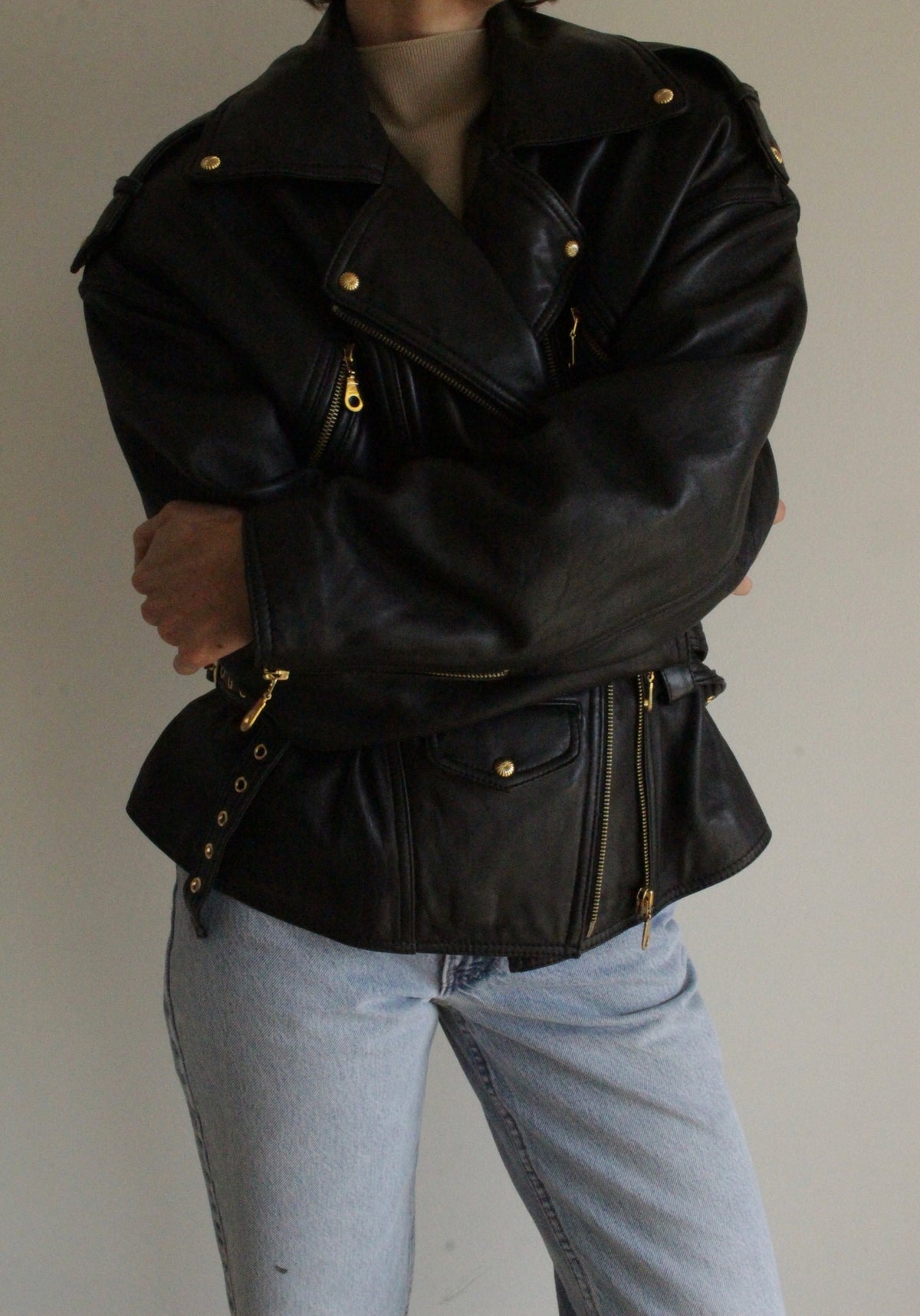 Incredible Vintage Black Belted Leather Moto Jacket