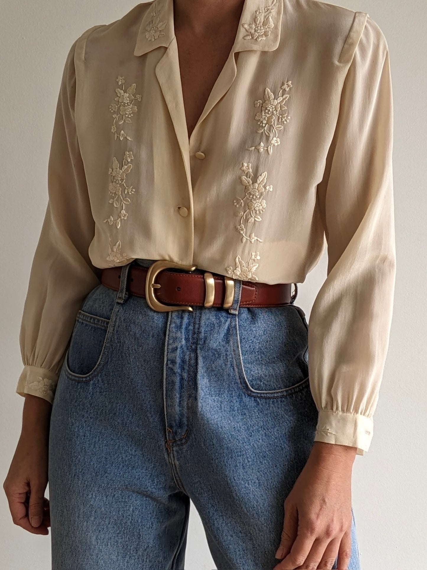 Vintage Floral Embroidered Silk Blouse
