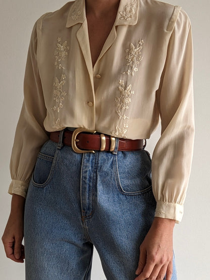 Vintage Floral Embroidered Silk Blouse