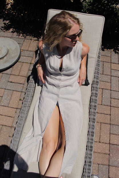 Vintage Pale Oat Buttoned Linen Dress