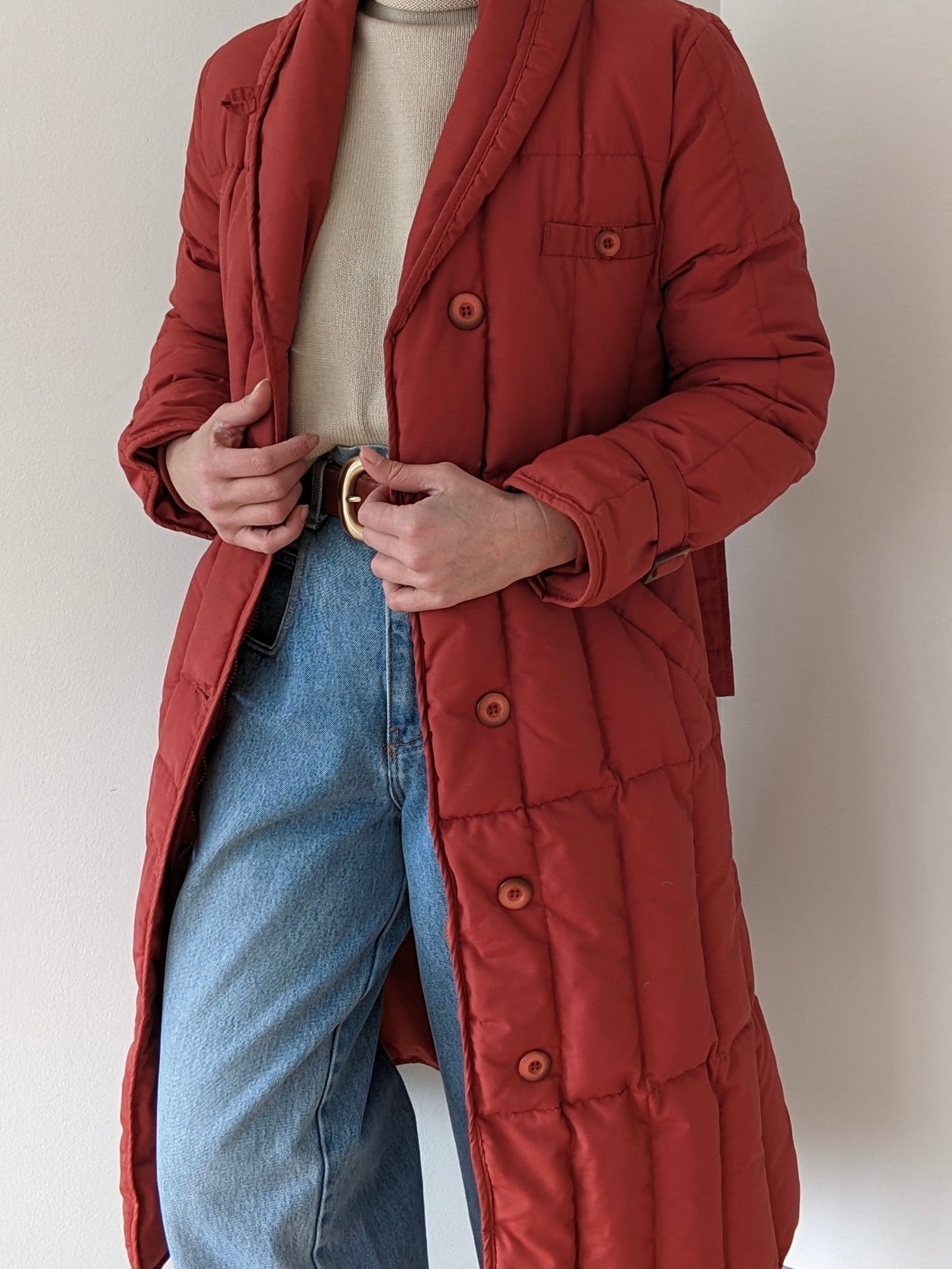 Vintage Persimmon Belted Goose Down Puffer Coat