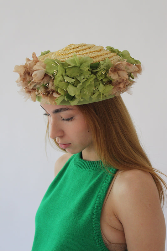 Vintage Floral Trim Woven Straw Hat