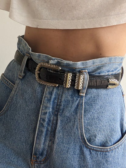 Vintage Black Embossed Leather Belt