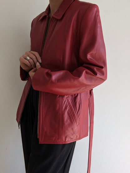 Vintage Crimson Lambskin Leather Belted Jacket