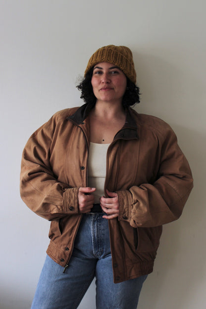 Vintage Saddle Brown Leather Bomber Jacket