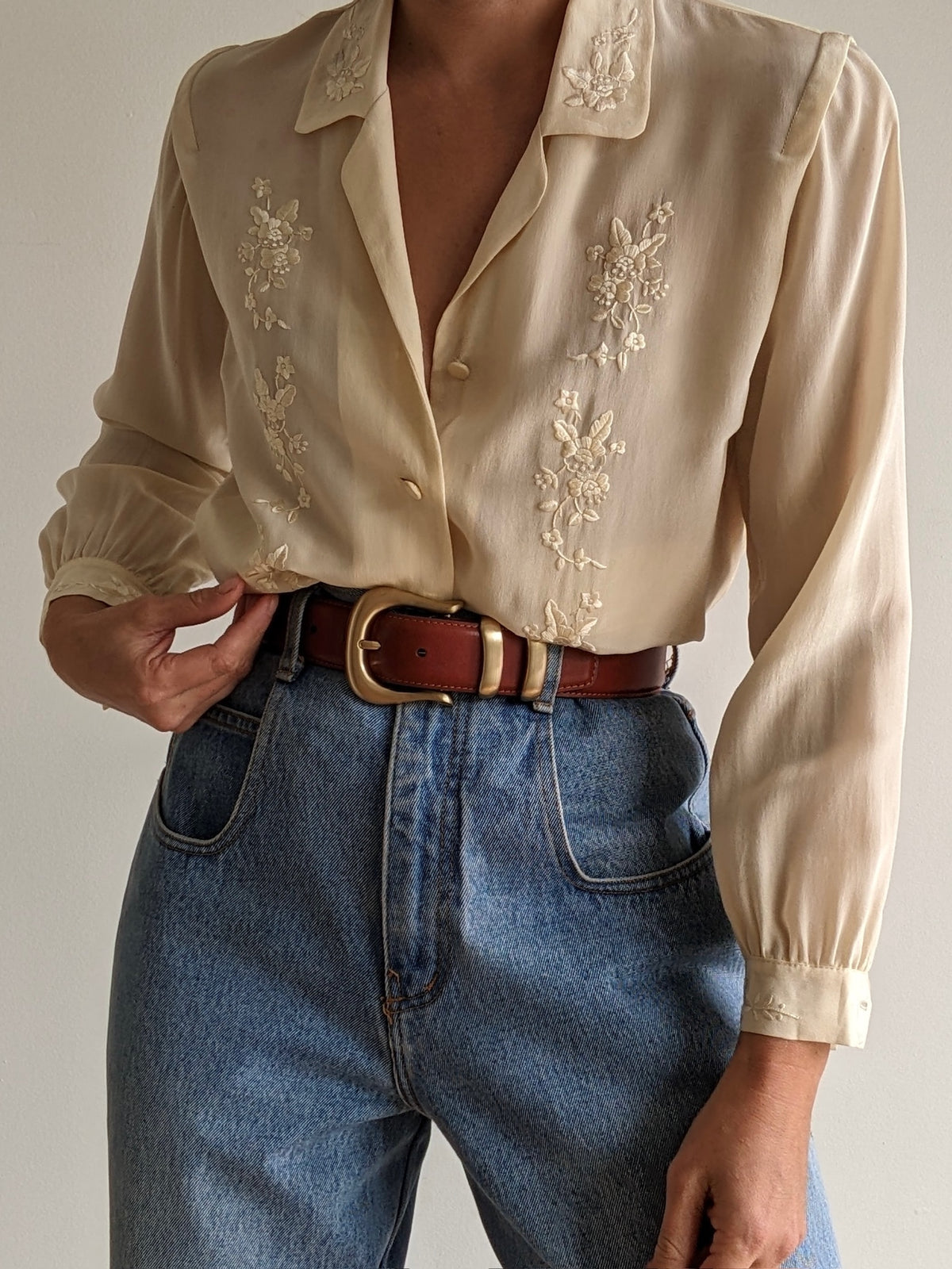 Vintage Floral Embroidered Silk Blouse