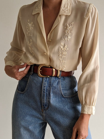Vintage Floral Embroidered Silk Blouse