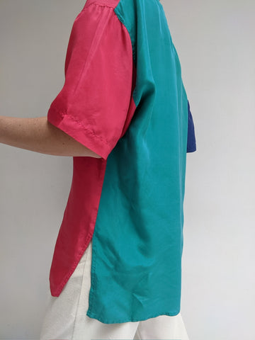 90s Color Block Silk Blouse
