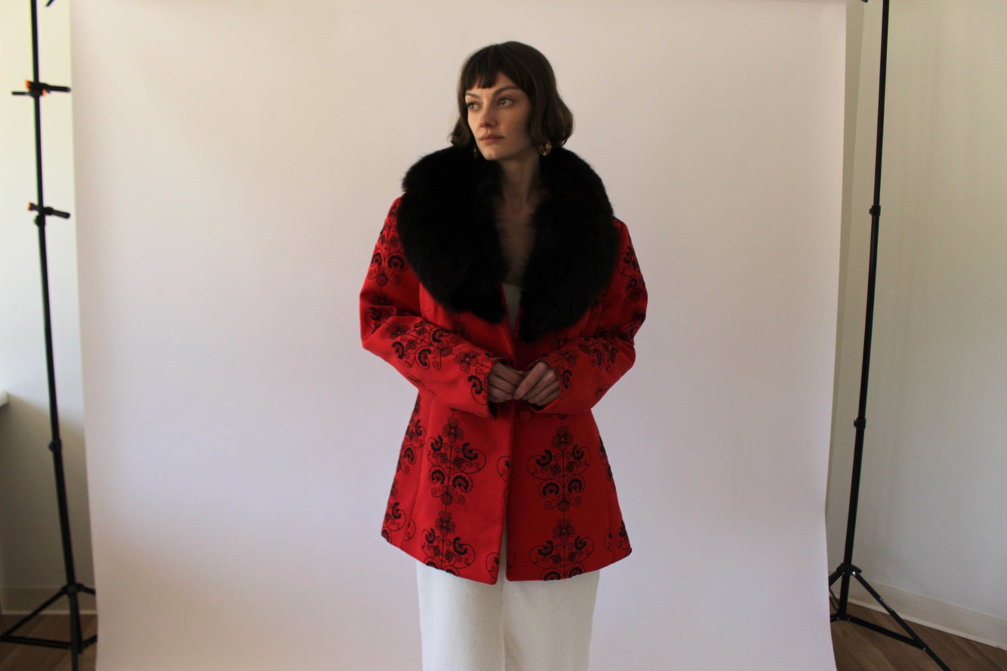 Incredible Vintage Crimson Embroidered Fur-Collar Jacket