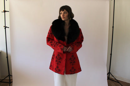 Incredible Vintage Crimson Embroidered Fur-Collar Jacket