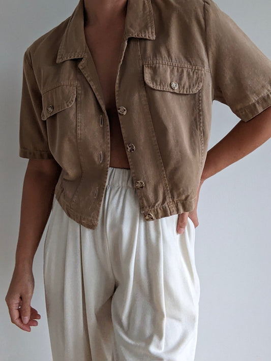 Vintage Camel Cotton Twill Crop Blouse