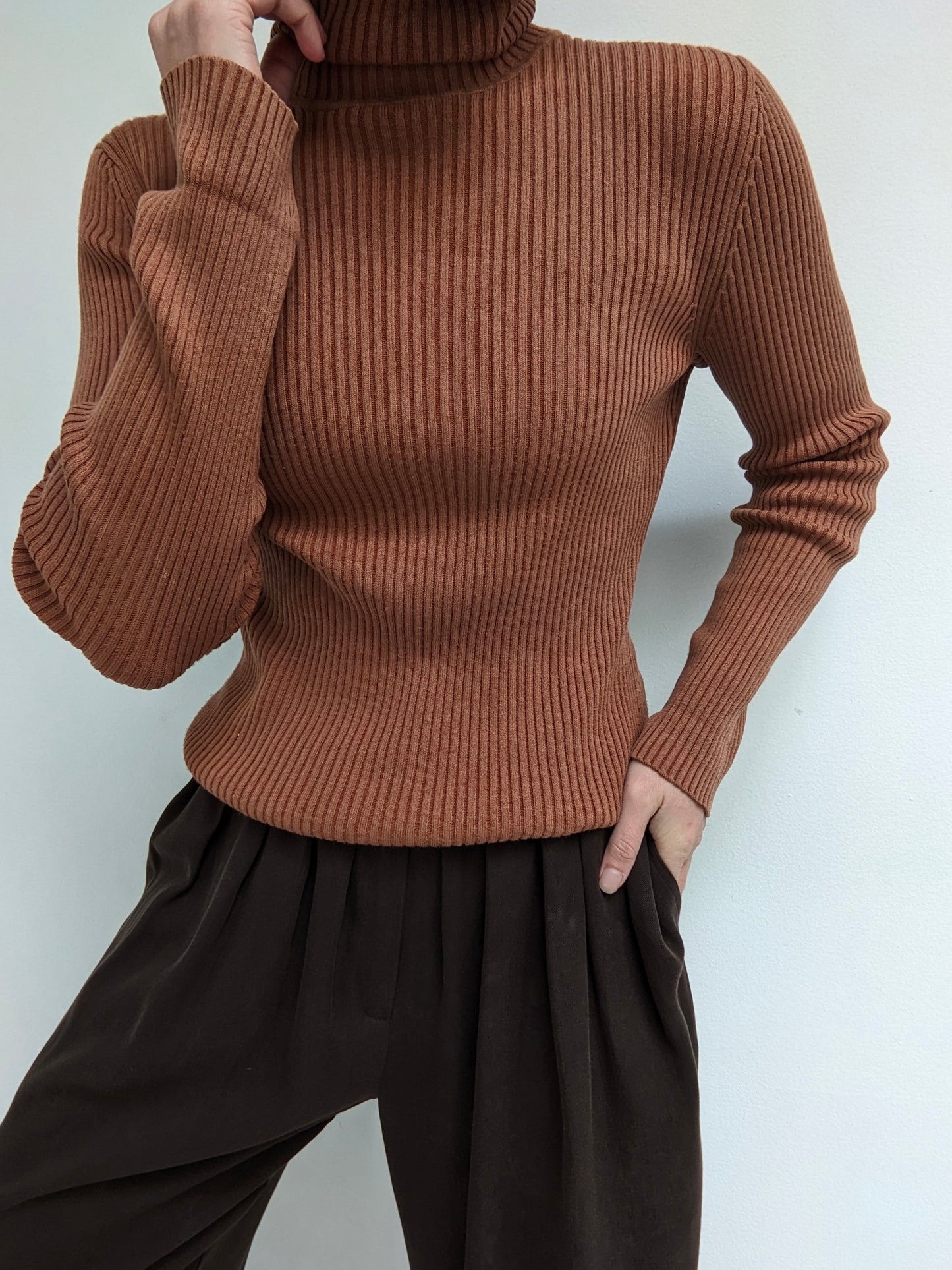 Vintage Hazelnut Silk Ribbed Turtleneck