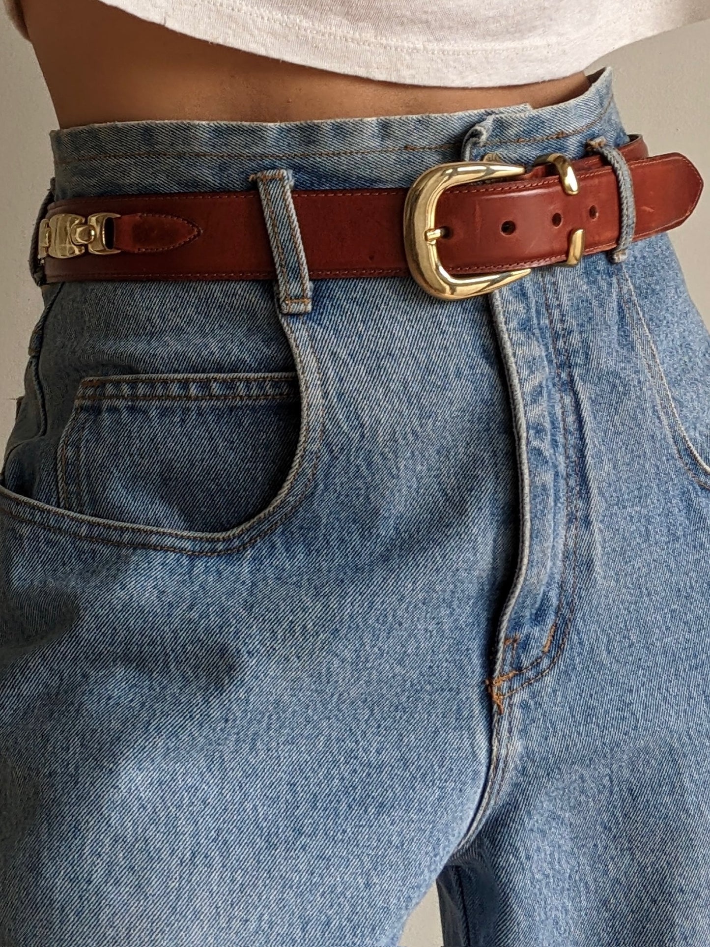 Vintage Cognac Leather & Gold Accent Belt