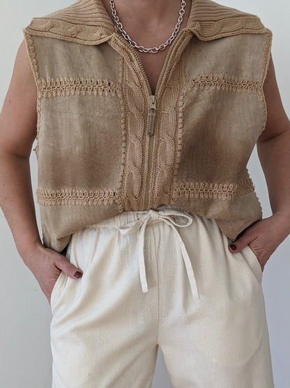 Vintage Ribbed Knit & Sueded Leather Vest