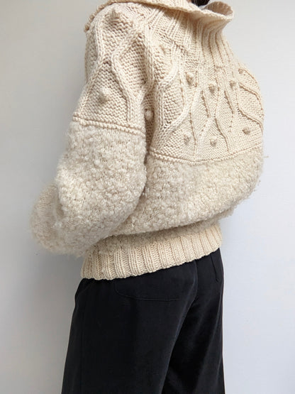 Vintage Hand Woven Cream Pure Wool Pom Pom Zip Jacket