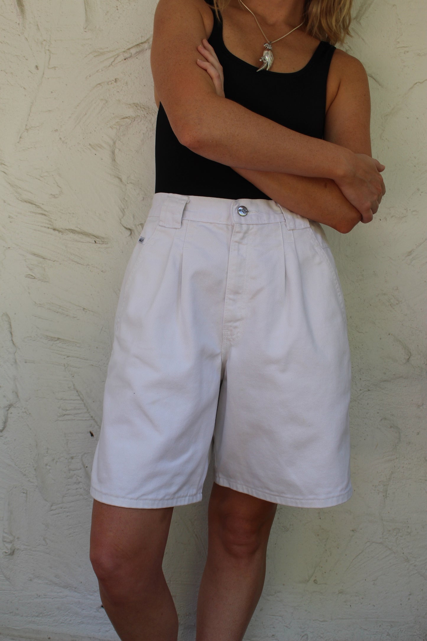 Vintage Pearl Pleated Denim Shorts