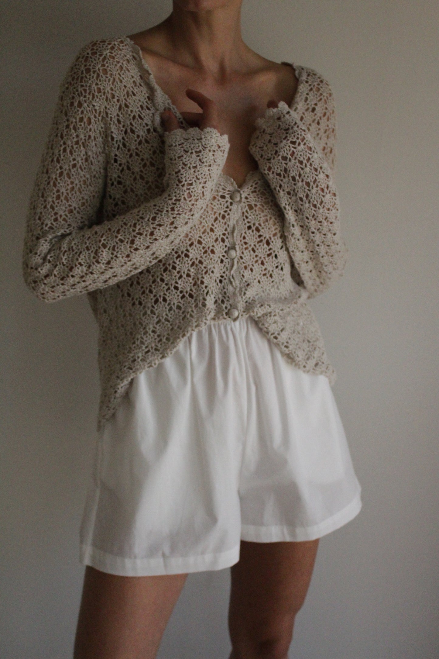 Vintage Stone Crochet Linen Cardigan