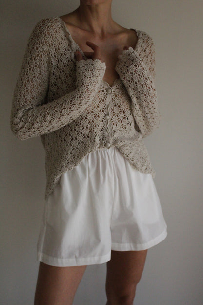 Vintage Stone Crochet Linen Cardigan