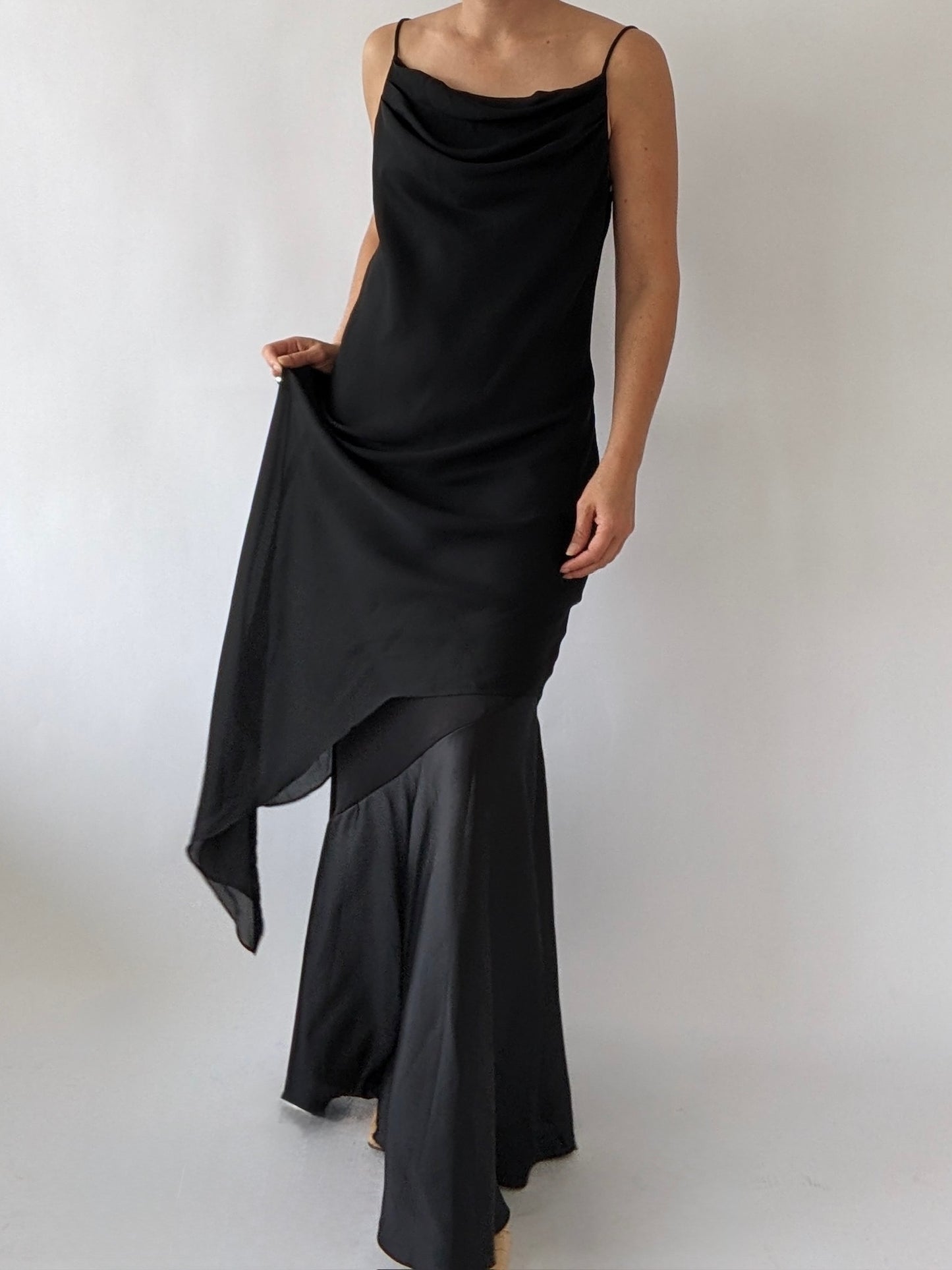 90s Licorice Satin-Accent Evening Dresss