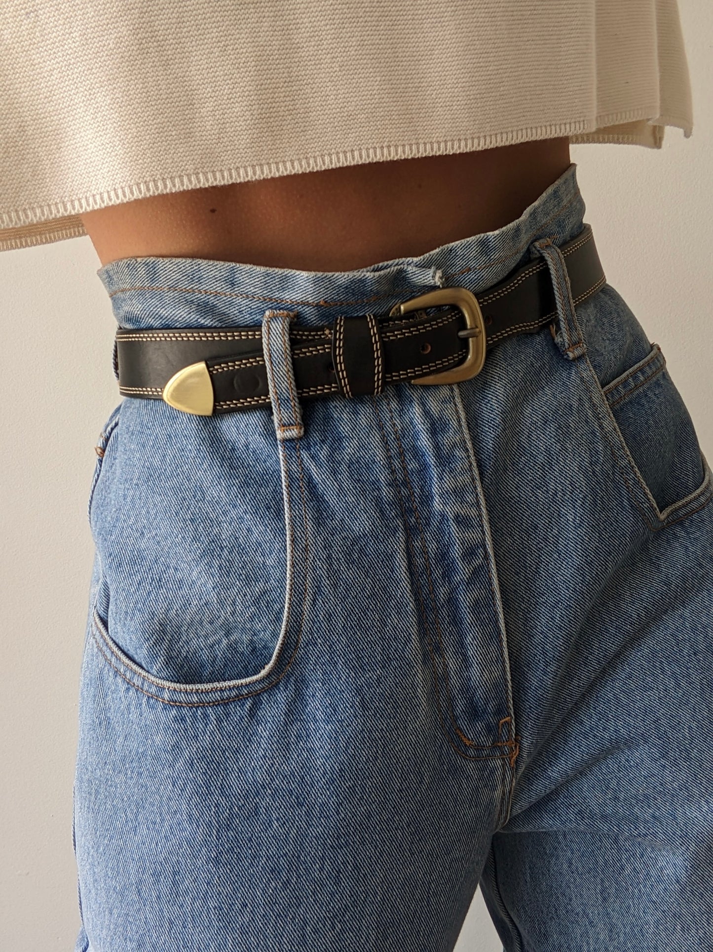 Vintage Stitched Onyx Leather Belt