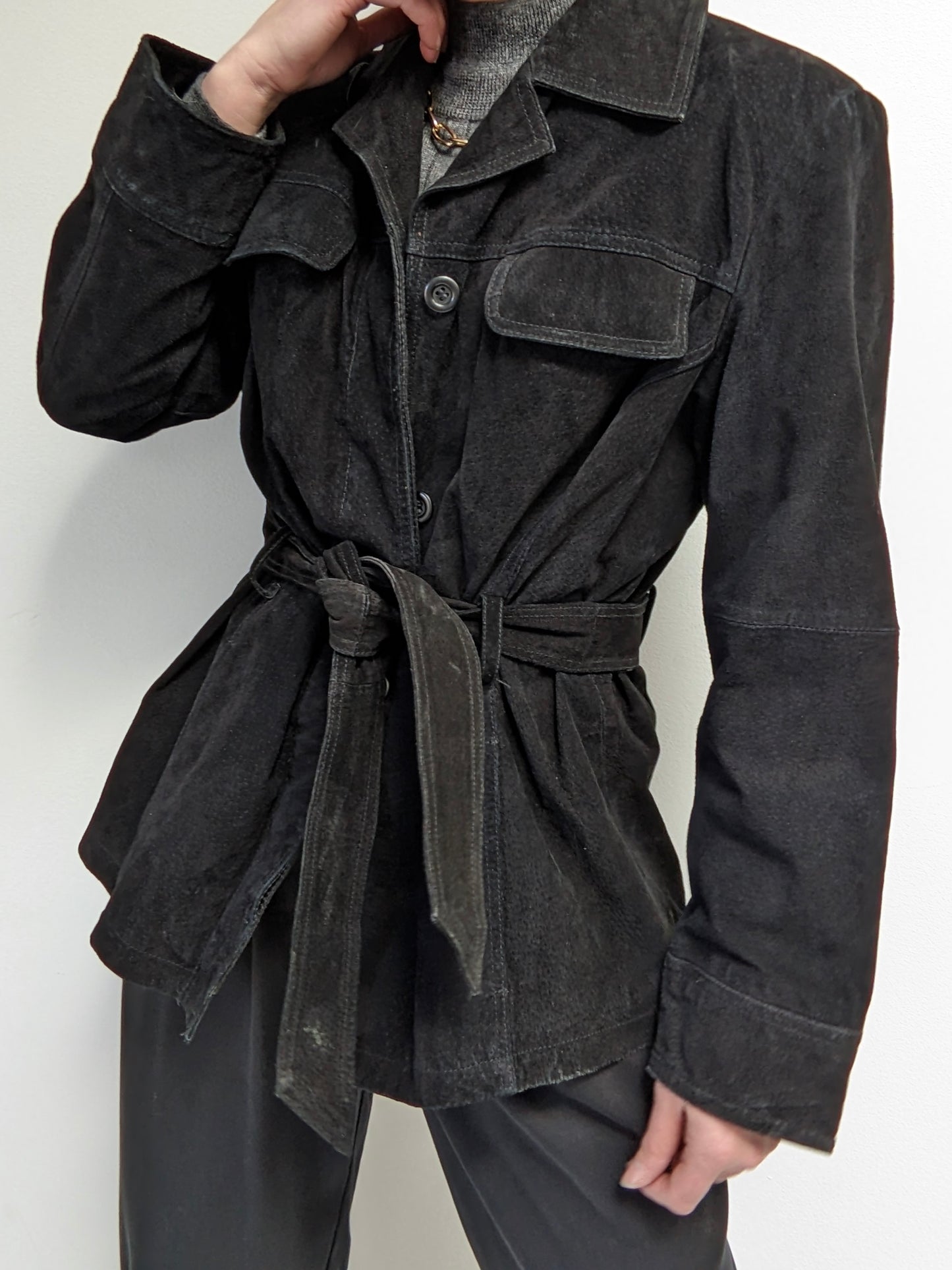 Vintage Ink Black Belted Suede Jacket