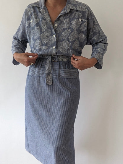 Vintage Belted Bow-Print Shirt Dress