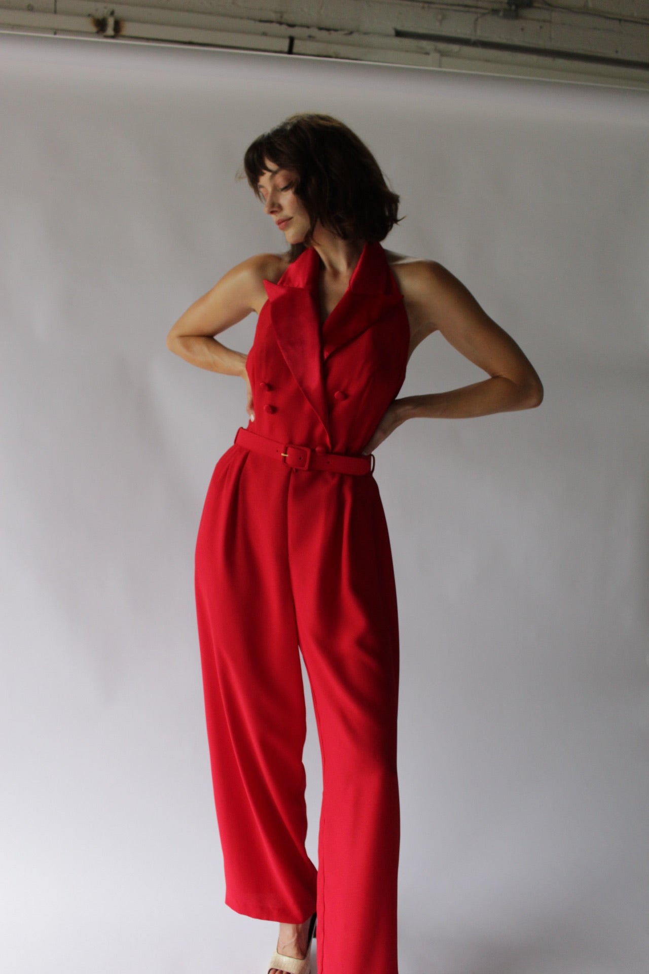 Vintage Crimson Halter Jumpsuit & Bolero Set