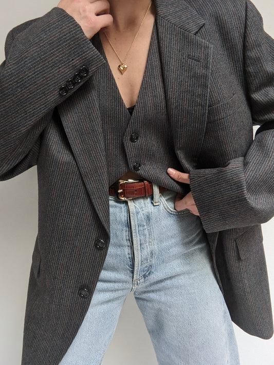 Vintage Pinstriped Wool Vest & Blazer Set