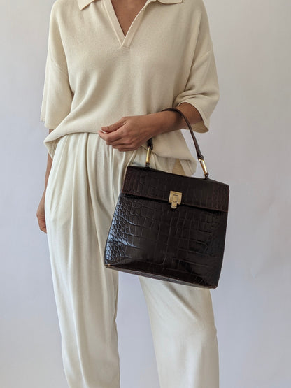 Vintage Espresso Croc-Embossed Leather Handbag