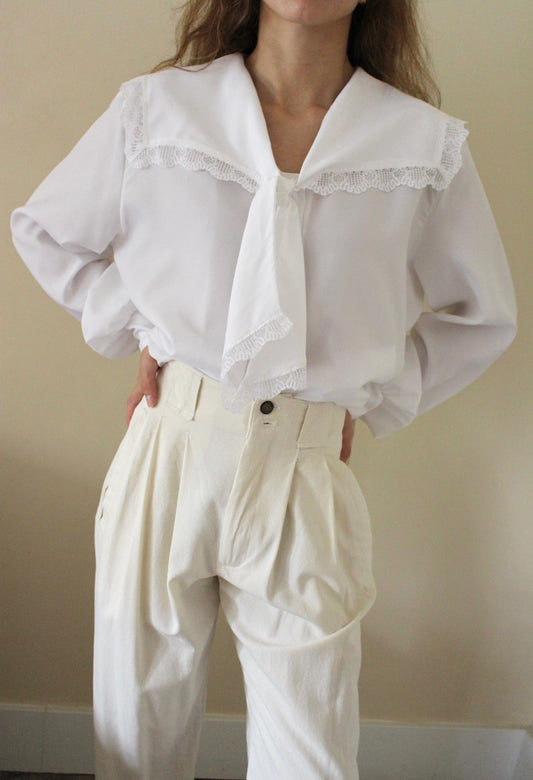 Vintage Eggshell Lace Tie Blouse
