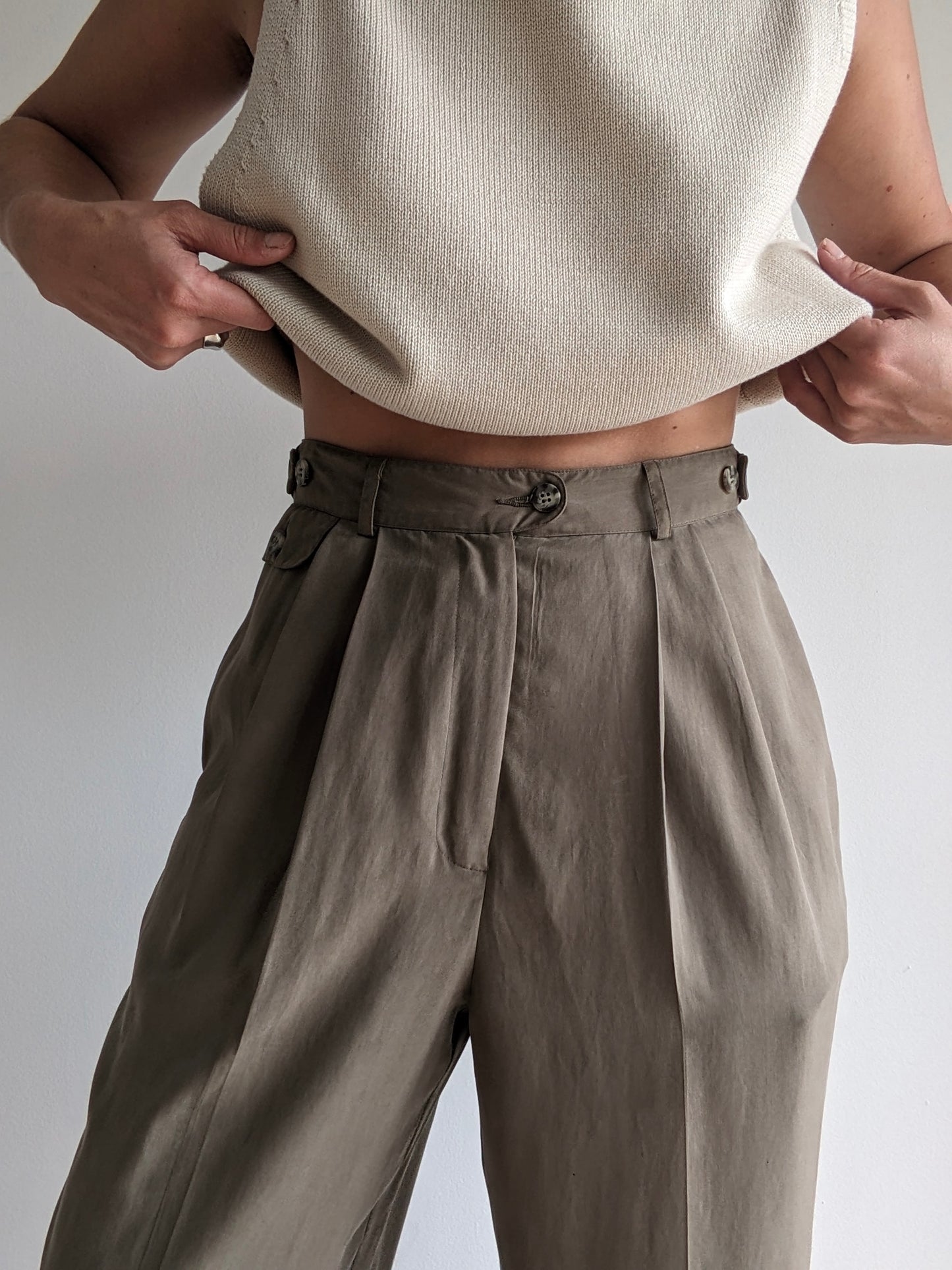 Vintage Sage Pleated Silk Trousers