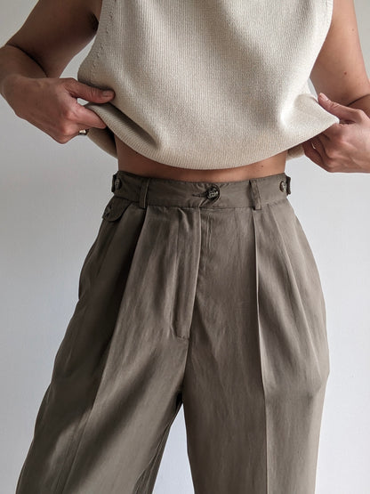 Vintage Sage Pleated Silk Trousers