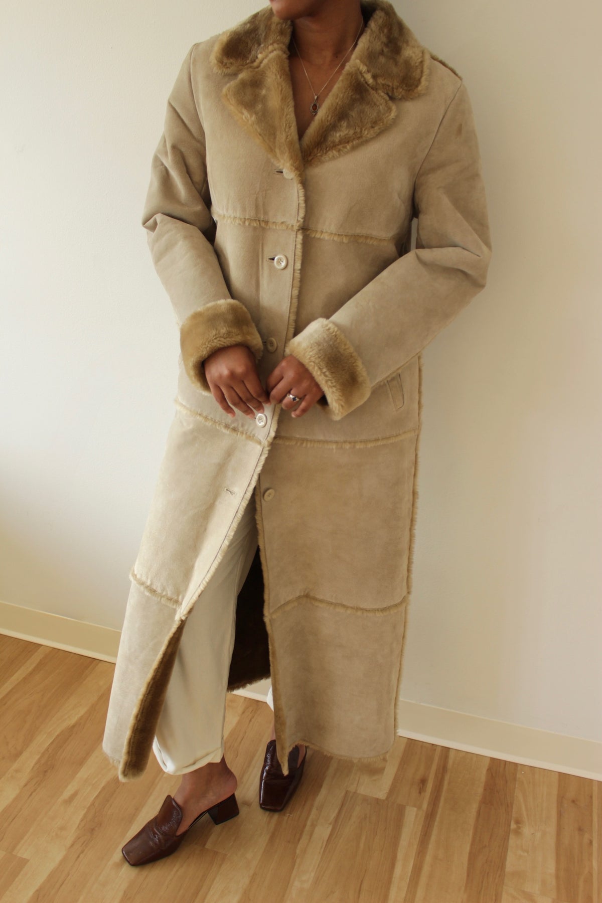 Vintage Sand Suede & Faux Fur Lined Coat