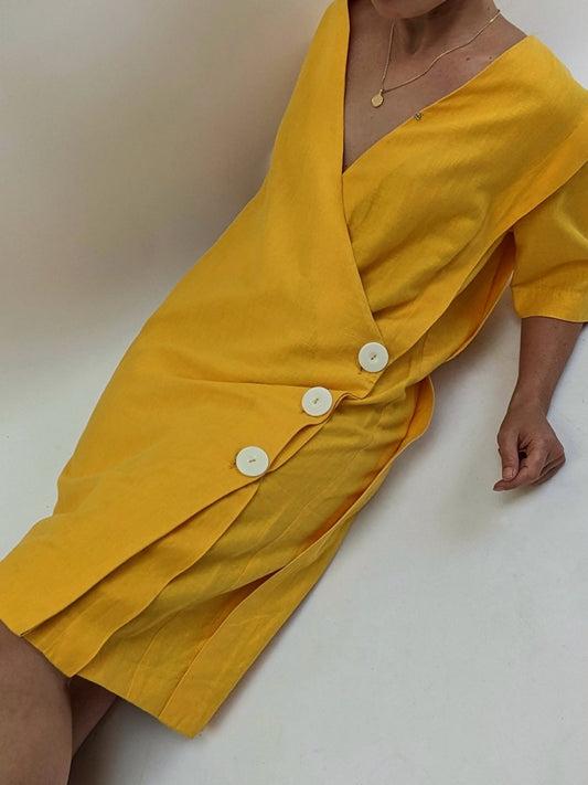 Vintage Canary Linen Cross Over Dress