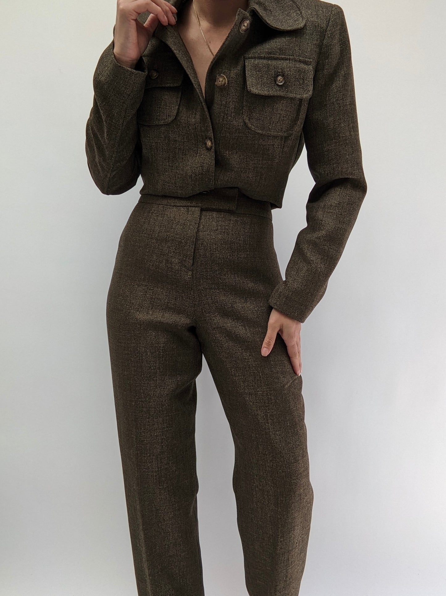 Sweet Olive Green Herringbone Pantsuit