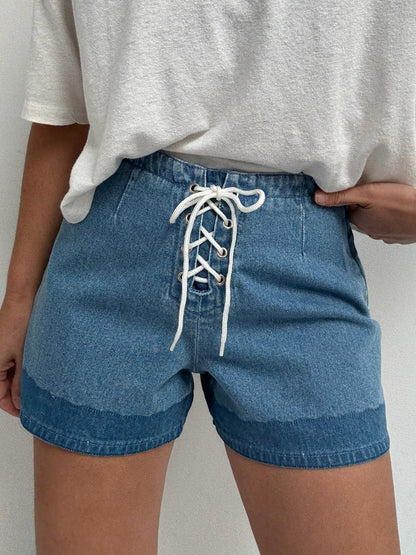 Vintage Lace-Up Denim Shorts