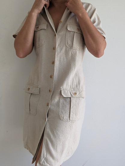 Vintage Wheat Linen Button-Up Dress
