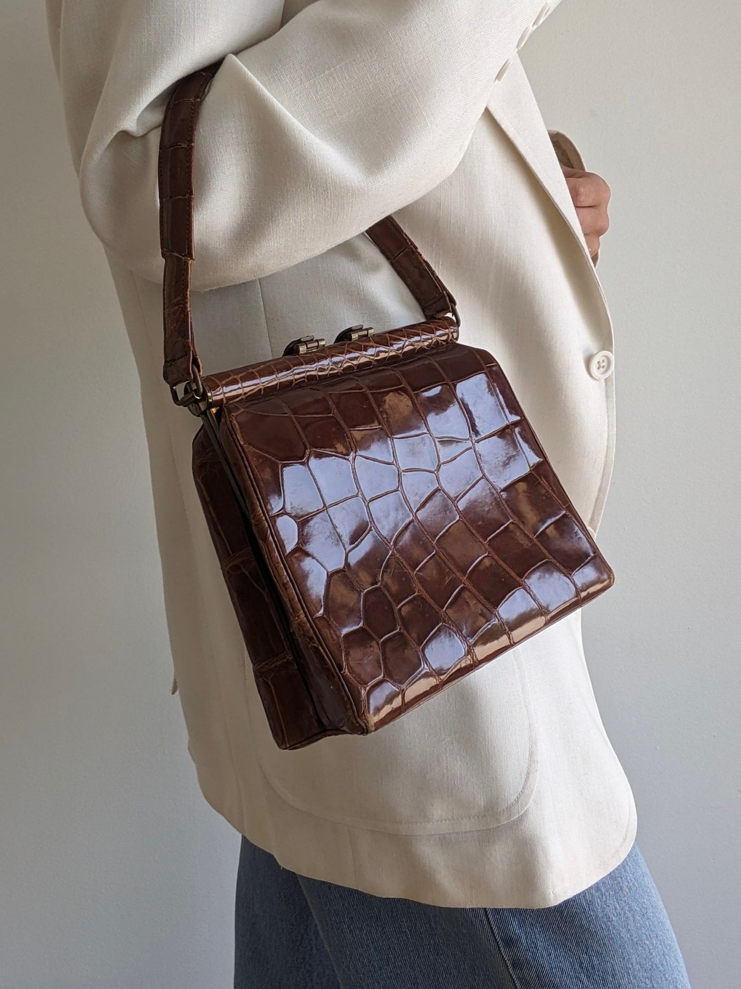 Incredible Vintage Alligator Embossed Leather Handbag