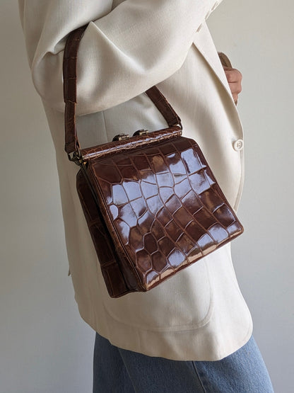 Incredible Vintage Alligator Embossed Leather Handbag