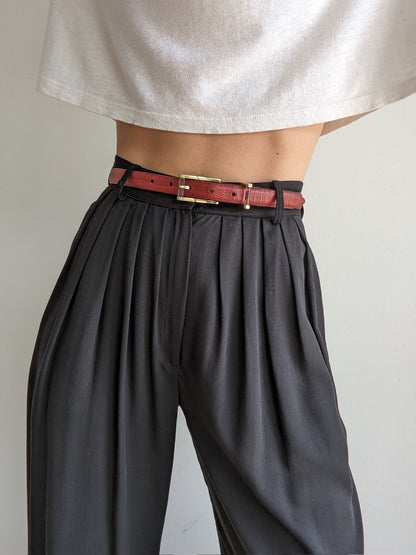 Vintage Brick Red Embossed Leather Belt