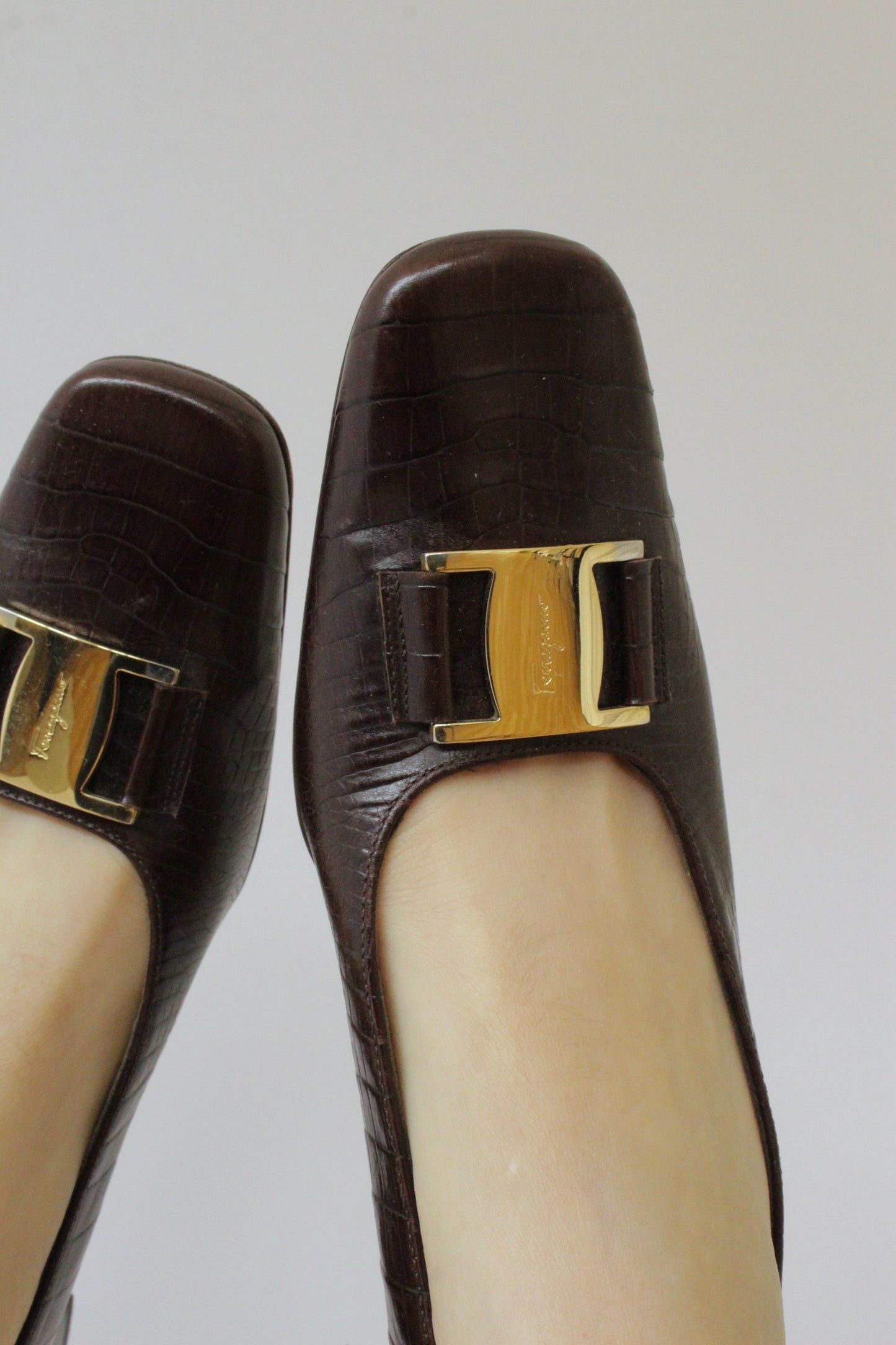 Vintage Ferragamo Embossed Leather Pumps