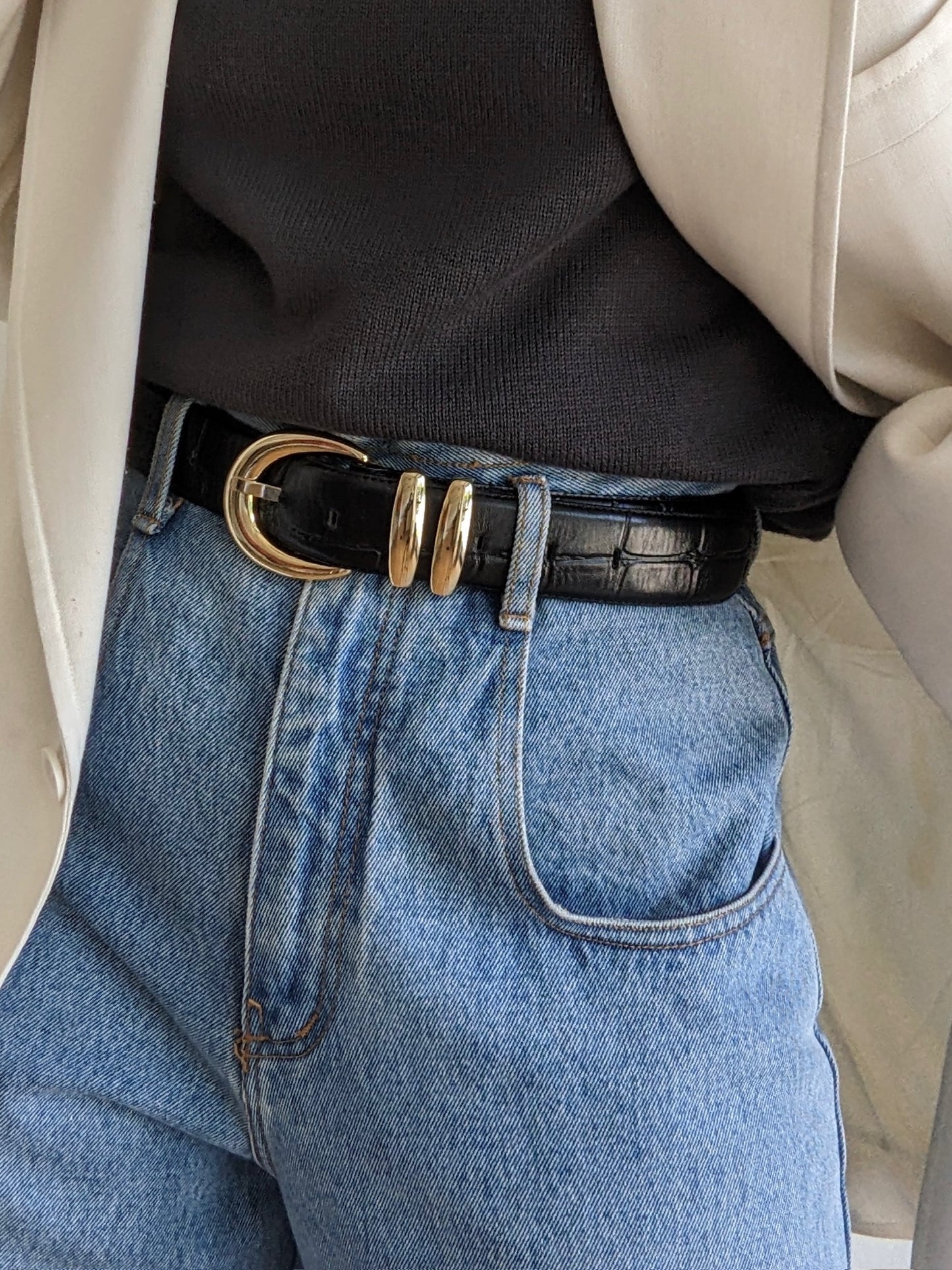 Bold Vintage Black Croc-Embossed Leather Belt