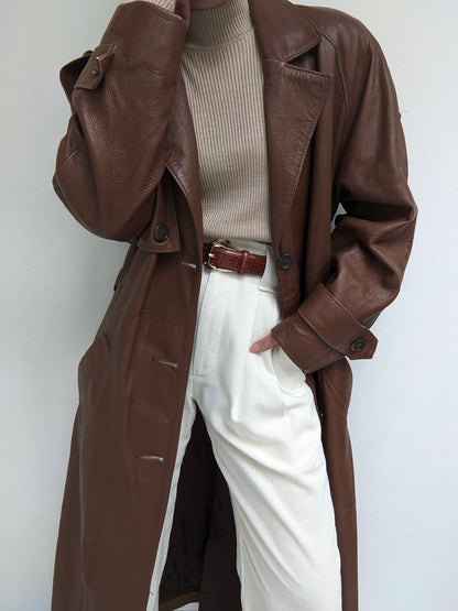 Vintage Tobacco Leather Belted Trench Coat