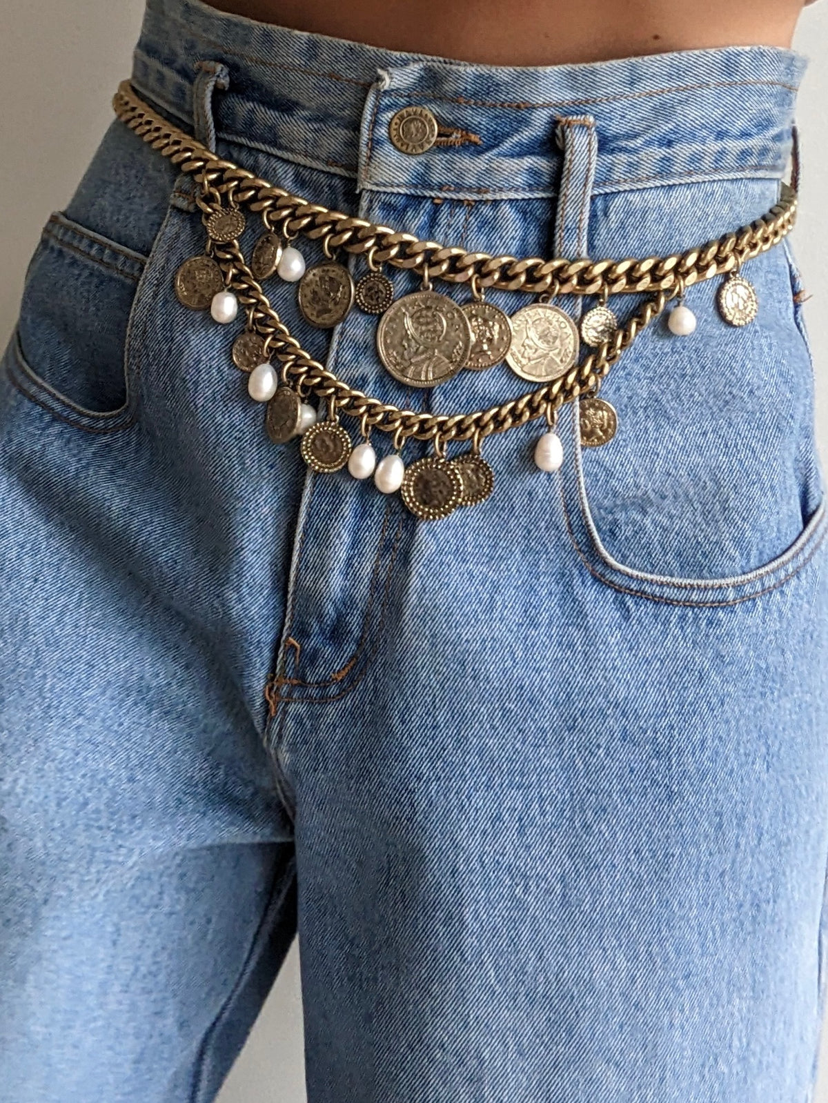 Statement Vintage Coin & Faux Pearl Chain Belt