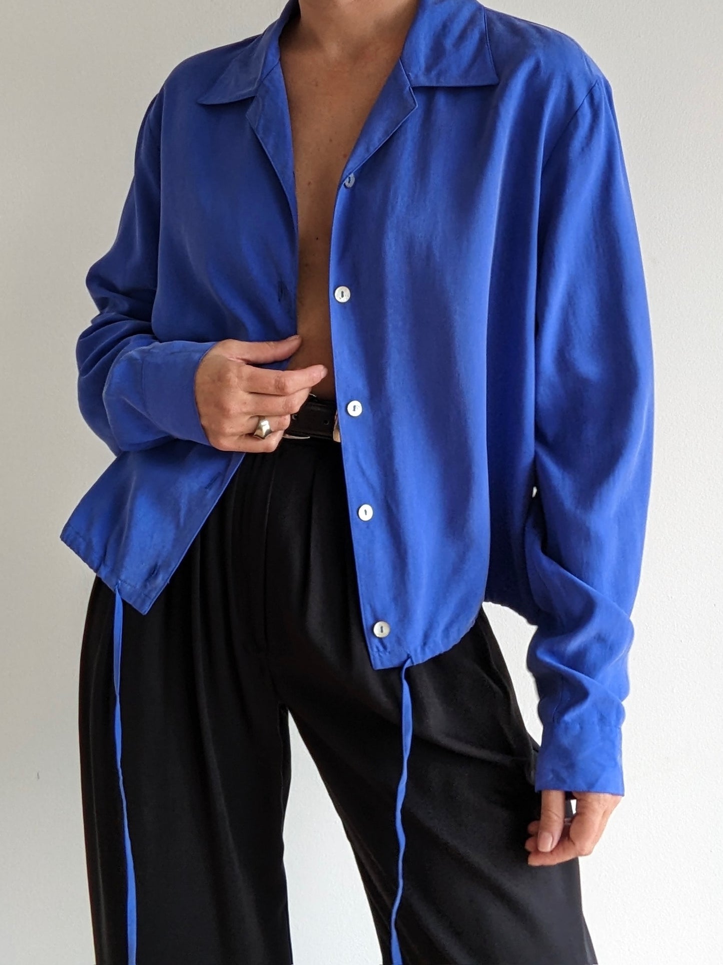 Vintage Lapis Silk Drawstring Blouse