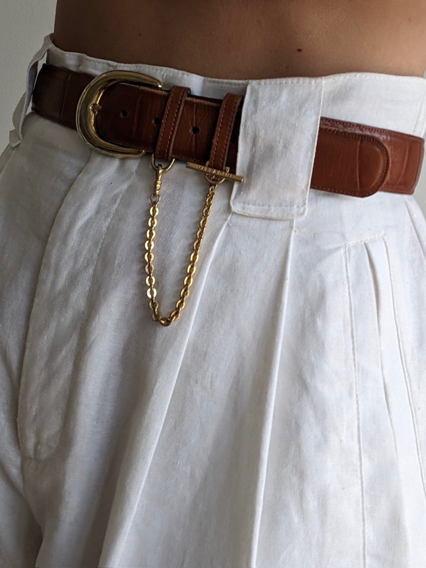 Vintage Cognac Croc-Embossed Leather & Chain Belt
